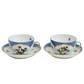 Pair Herend Rothschild Bird Blue Scale Hand Painted Porcelain Cup & Saucers 1726