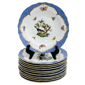 12 Herend Rothschild Birds Blue Scale Hors d'oeuvre Starter Dessert Plates 1518