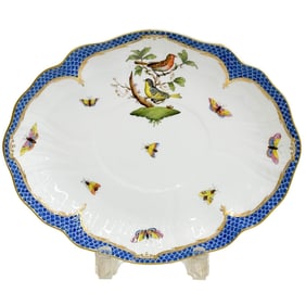 Herend Rothschild Birds Porcelain Lozenge Shaped Serving Dish Blue Scale 1211