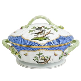 Herend Rothschild Birds Painted Porcelain Footed Lidded Tureen Blue Scale 1086