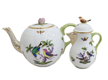 Herend Hungary Pastel Rothschild Birds Porcelain Teapot and Creamer