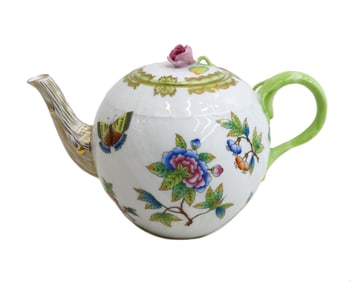 Herend Hungary Queen Victoria Green Border Teapot and Lid