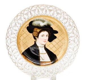 Continental Hand Painted Reticulated Gilt Porcelain Portrait Plate early 20th c