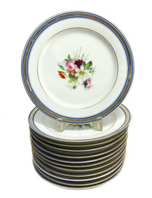 12 European Porcelain Hand Painted Porcelain 9.25 inch Plates. c.1900 Florals