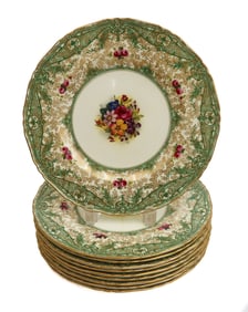 10 Royal Worcester England Hand Painted Floral and Gilt Dinner Plates 1930