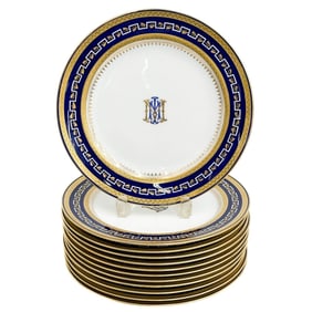 12 Minton England Gilt Porcelain Dinner Plates Cobalt Blue Gilt Monogram G3236