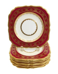 8 Minton England Porcelain Burgundy and Gilt Square Plates circa 1930