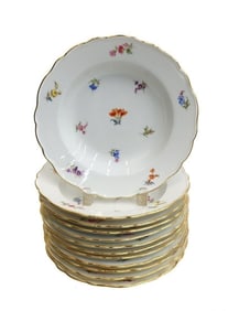 12 Meissen Germany Hand Painted Porcelain Scalloped Rimmed Soup Bowls