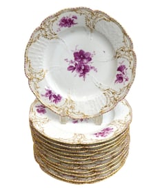 12 + 1  KPM Berlin Germany Hand Painted Porcelain Dinner Plates circa 1900
