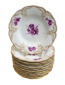 12 KPM Berlin Germany Hand Painted Porcelain Rimmed Soup Bowls circa 1900