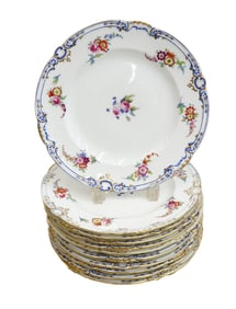 11 English Hand Painted Porcelain Floral Dinner Plates, 19th Century