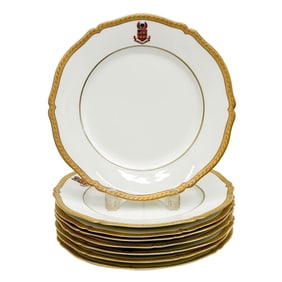 8 Le Rosey France Porcelain Armorial Foulkes Jure non Dono Dinner Plates c 1920