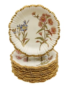 12 Royal Worcester England Hand Painted Porcelain Scalloped Dessert Plates 1890