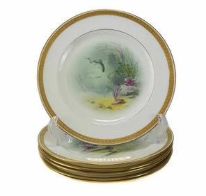 6 Davis Collarmore 8.75" Hand Painted Porcelain Fish Plates, circa 1890. Signed
