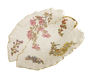 Royal Worcester England Hand Painted and Gilt Porcelain Floral Leaf Dish, 1888