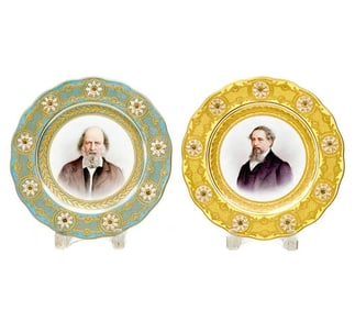 Pair Sevres Porcelain Portrait Plates Tennyson Dickens Artist Signed Clairin