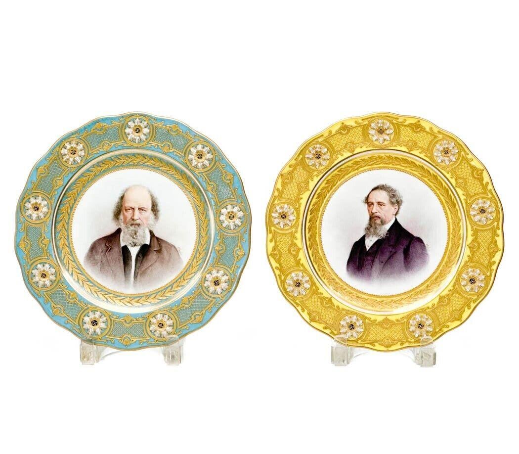 Pair Sevres Porcelain Portrait Plates Tennyson Dickens Artist Signed Clairin (1 of 8)