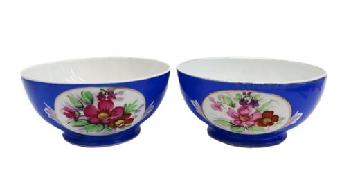 Pair Gardner Russian Imperial Blue Floral Porcelain Bowls,  circa 1890