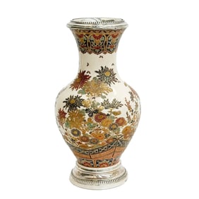 Bizan Satsuma Hand Painted Porcelain Vase French Silver Mounts Meiji