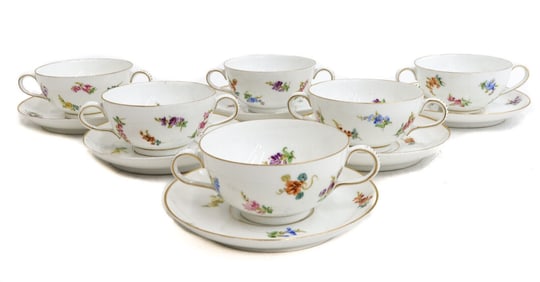 6 Dresden Ambrosius Lamm Hand Painted Porcelain Twin Handled Cups Saucers  c1920