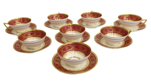 8 Minton England Porcelain Burgundy and Gilt Cup and Saucers circa 1930
