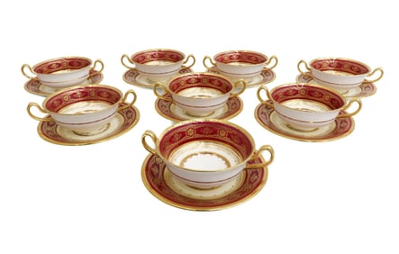 8 Minton England Porcelain Burgundy and Bouillon Bowls and Underplates c1930