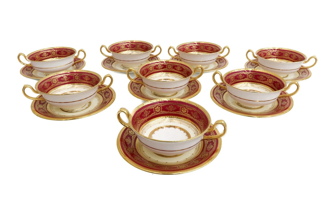 8 Minton England Porcelain Burgundy and Bouillon Bowls and Underplates c1930 (1 of 7)