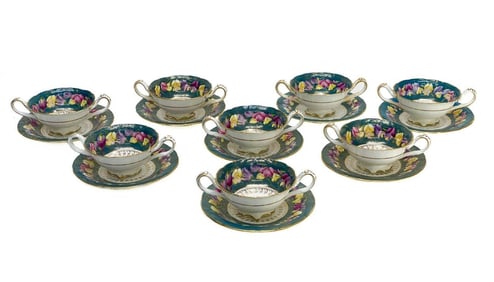 7 Cauldon Porcelain Bouillon Cups & Saucers