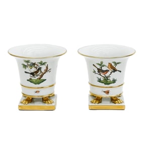 Pair Herend Hungary Rothschild Birds Porcelain Claw Foot Vases Cache Pots 6403
