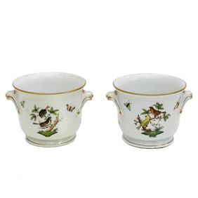 Pair Herend Hungary Rothschild Birds Hand Painted Porcelain Cache Pots 7215