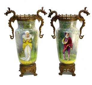 Pair French Porcelain Gilt Bronze Mounted Urns