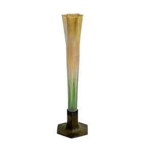 LCT Tiffany Favrile Art Glass Bud Vase Bronze Base Hexagonal c 1900