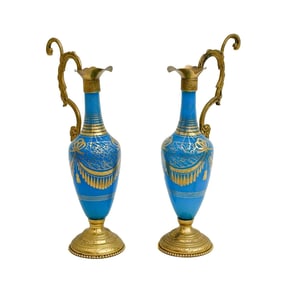 Pair French Gilt Bronze Mounted Blue Opaline Art Glass Ewers circa 1930