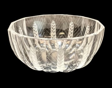 Lalique France Clear to Frosted Glass Lobed Bowl, Ceres, Signed. Barley Wheat