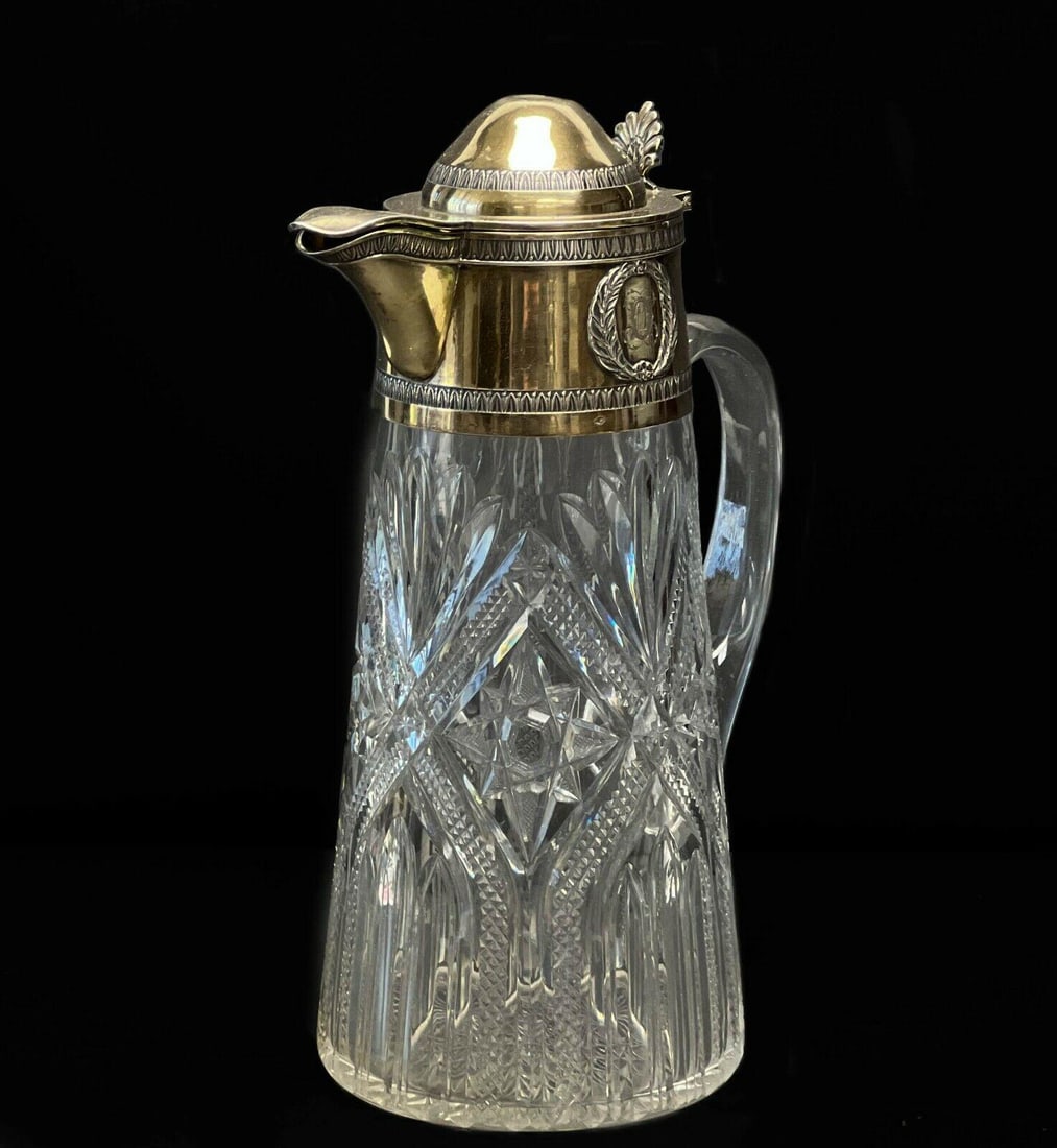 Auguste Leroy & Cie France Gilt 950 Silver Mounted Cut Glass Pitcher c. 1920 (1 of 11)