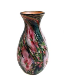 Charles Lotton Floral Art Glass Vase 10.25 inches Pink Flowers Signed 1989