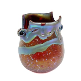 Charles Lotton Art Glass Lava Vase Red Blue Lava Curled Handles