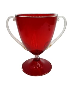 Murano Cranberry Red Art Glass and Gold Fleck Twin Handled Footed Cup Vase