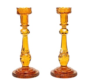 Pair Bohemian Amber Gold Cut Glass Candlestick Holders, 19th century