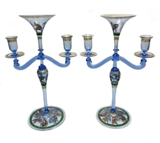Pair Salviati Blue Art Glass 3 Arm Candelabras, 2nd quarter 20th century