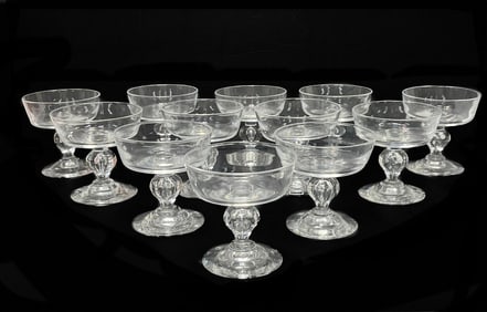 12 Steuben Glass Teardrop Stem 6 ounce Champagne Saucers, Signed