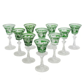 10 German Knittel Green Cut to Clear Glass Cordial Glasses 3rd quarter 20th cen