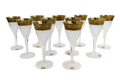 11 Moser Czech Cut Crystal Claret Wine Goblets Gold Splendid Signed
