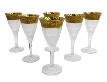 6 Moser Czech Cut Crystal Port Wine Goblets Gold Splendid Signed