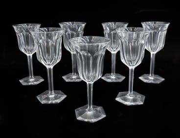 7 Baccarat Crystal Glass Tall Water Goblets in Malmaison, Signed Cut Panels