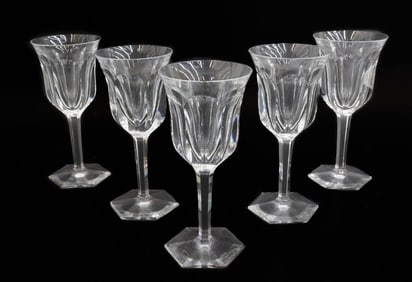 5 Baccarat Crystal Glass Claret Wine Goblets in Malmaison, Signed Cut Panels