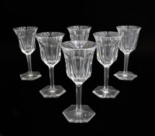 6 Baccarat Crystal Glass Port Wine Goblets in Malmaison, Signed Cut Panels