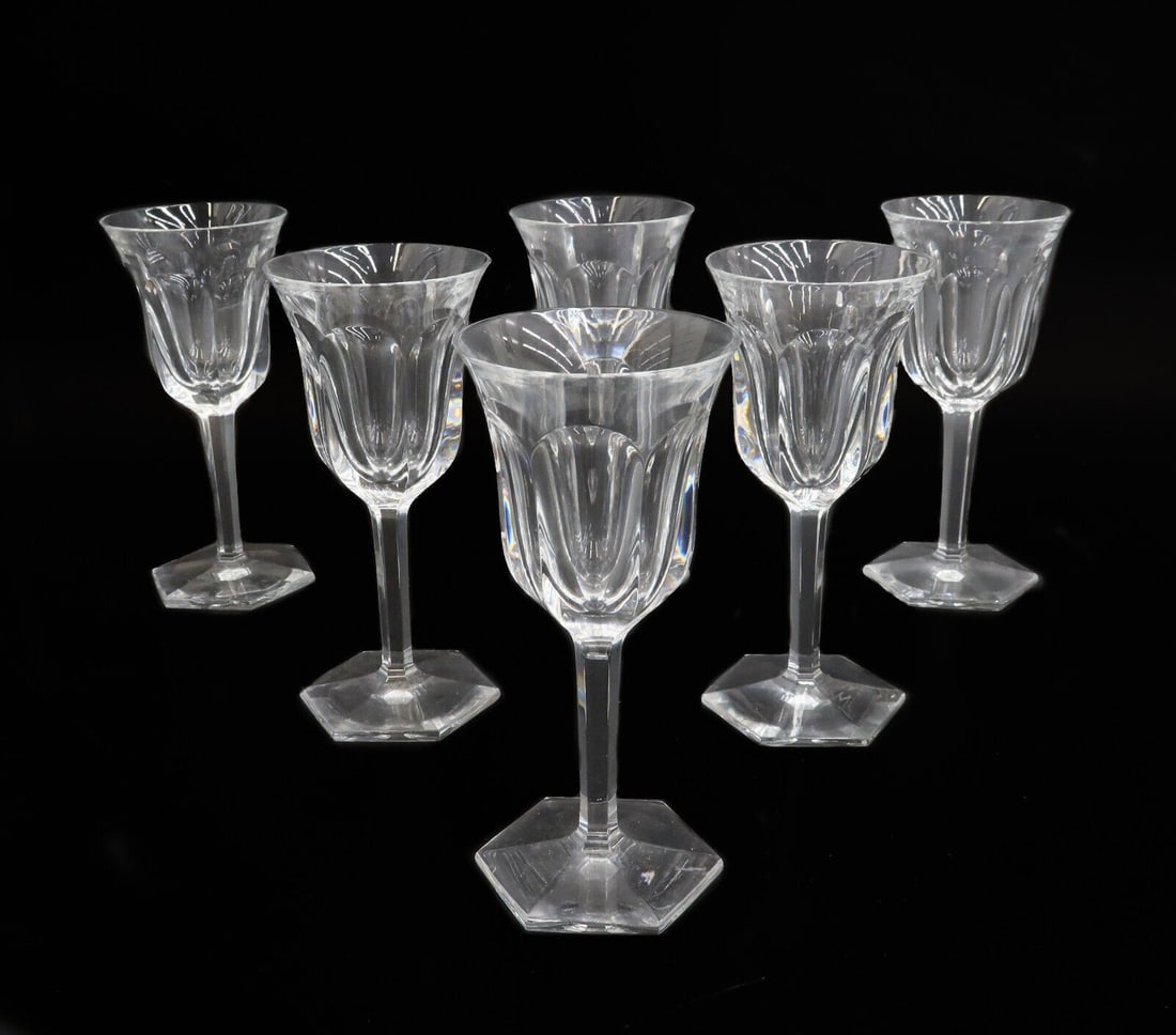 6 Baccarat Crystal Glass Port Wine Goblets in Malmaison, Signed Cut Panels: 6 Baccarat crystal glass port wine goblets in Malmaison, Signed. Cut panels to bowl with hexagon base. Acid etched Baccarat mark to underside. Weight: Approx. 4 lbs Measurements: Approx.2.75 inches di
