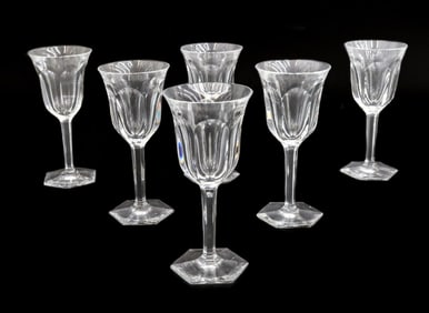 6 Baccarat Crystal Glass Cordial Wine Goblets in Malmaison, Signed Cut Panels