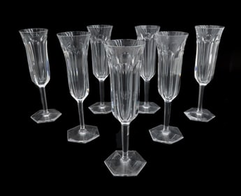 8 Baccarat Crystal Glass Champagne Goblets in Malmaison, Signed Cut Panels